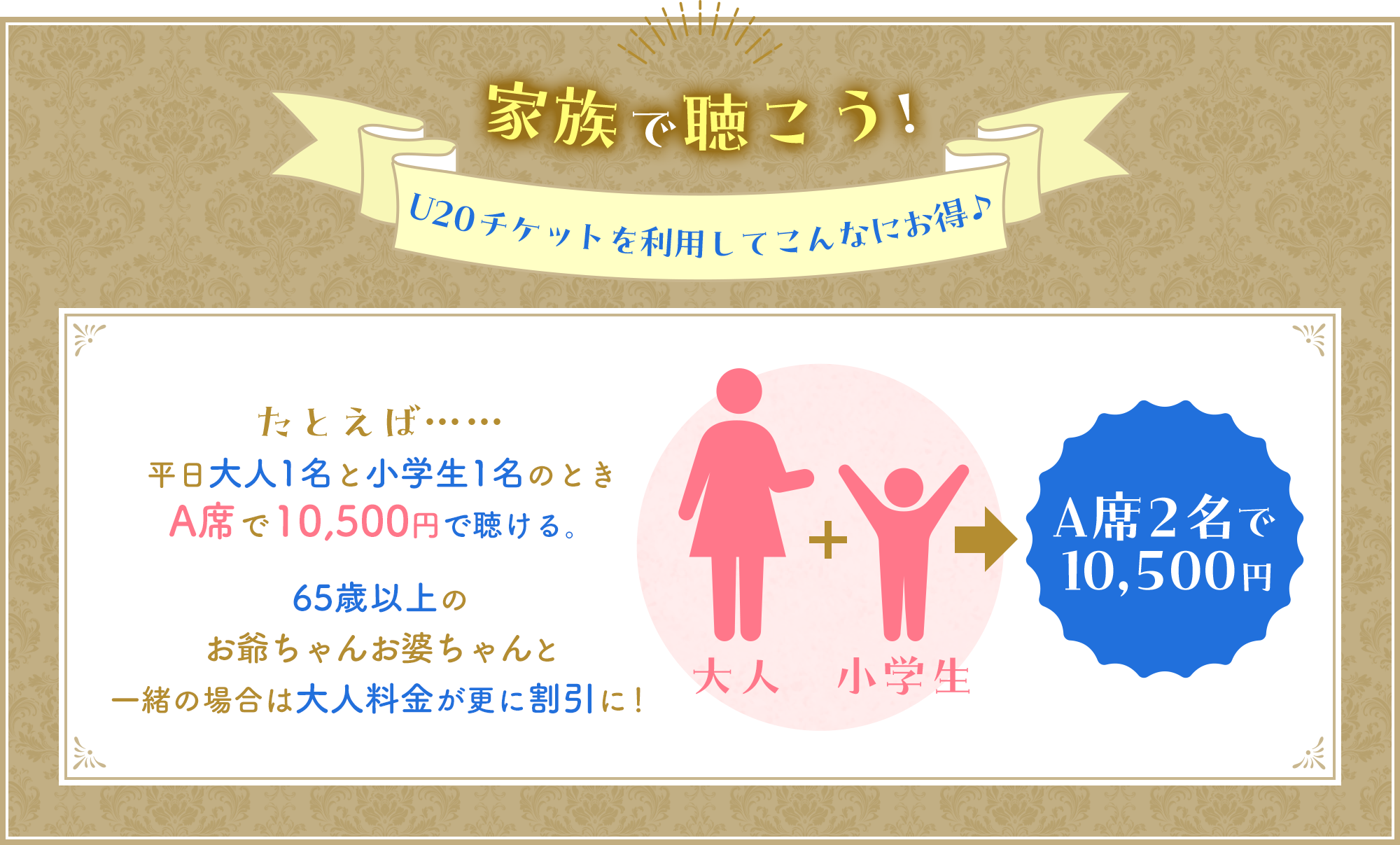 家族で聴こう！U20チケットを利用してこんなにお得♪たとえば……平日大人1名と小学生1名のときA席で10,500円で聴ける。5歳以上のお爺ちゃんお婆ちゃんと一緒の場合は大人料金が更に割引に！小さな弟、妹がいても託児サービスを利用すればOK託児サービス有！ (事前申込み制・有料・定員制)お申込み先は……
